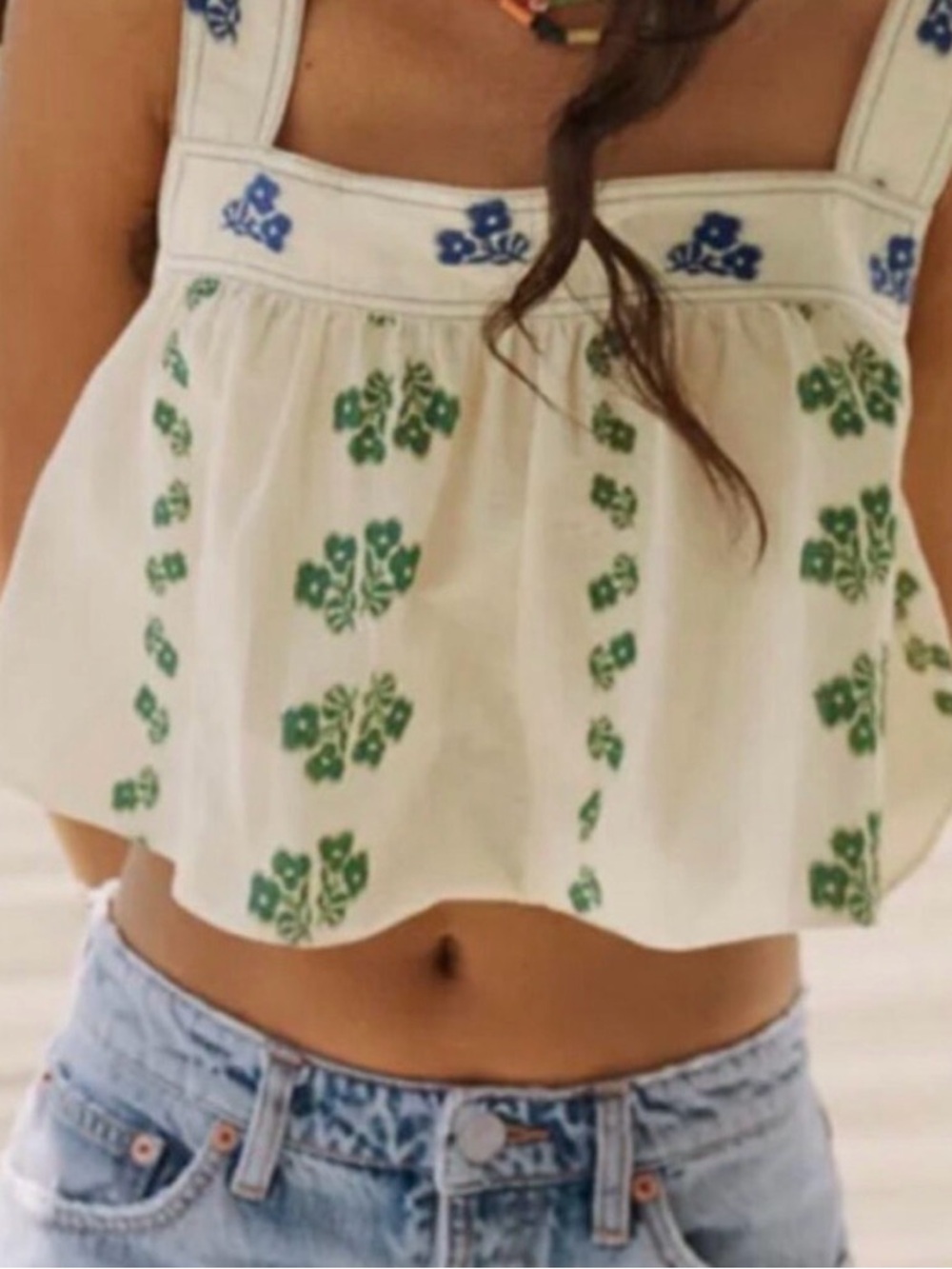 Zara White and Blue Smock Crop Top
